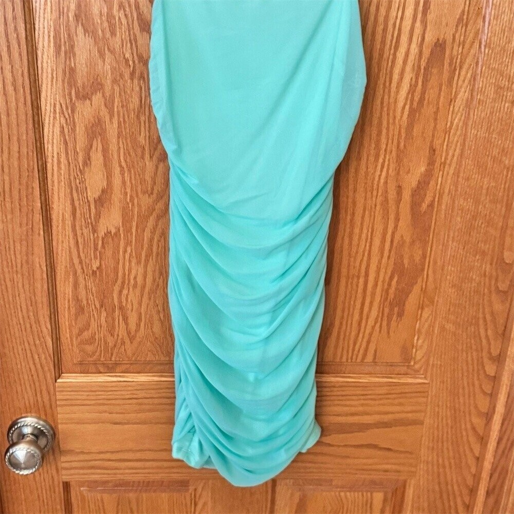 Hello Molly Dress Womens AU 10 US 6 Small Green Ruched Bodycon Mini Open Back - Picture 4 of 9